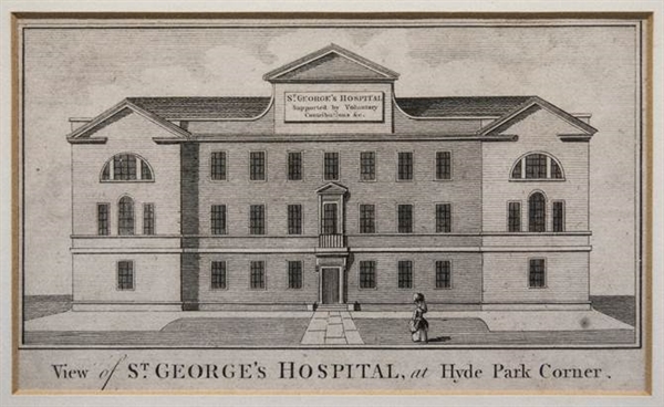 An etching of St George's at Hyde Park Corner, c,1740.